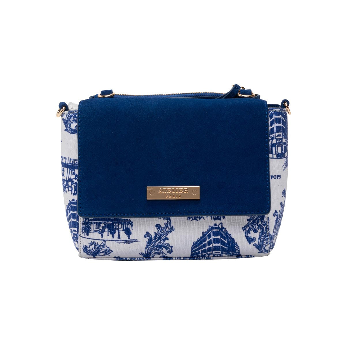 Sac bandoulière bleu Falbala en cuir et toile imprimée