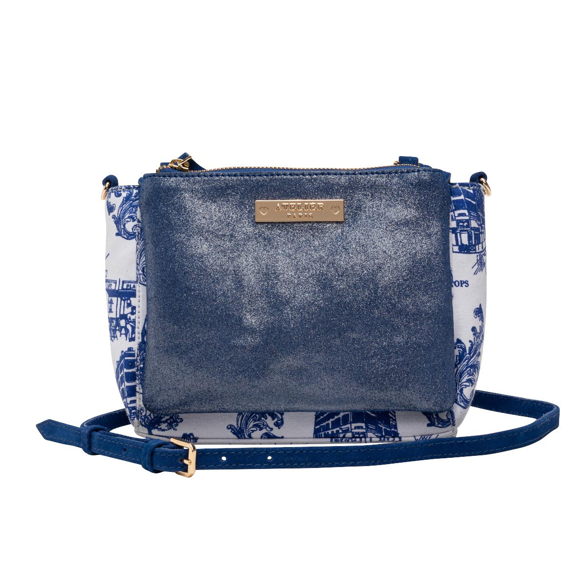 Sac bandoulière bleu Falbala en cuir et toile imprimée