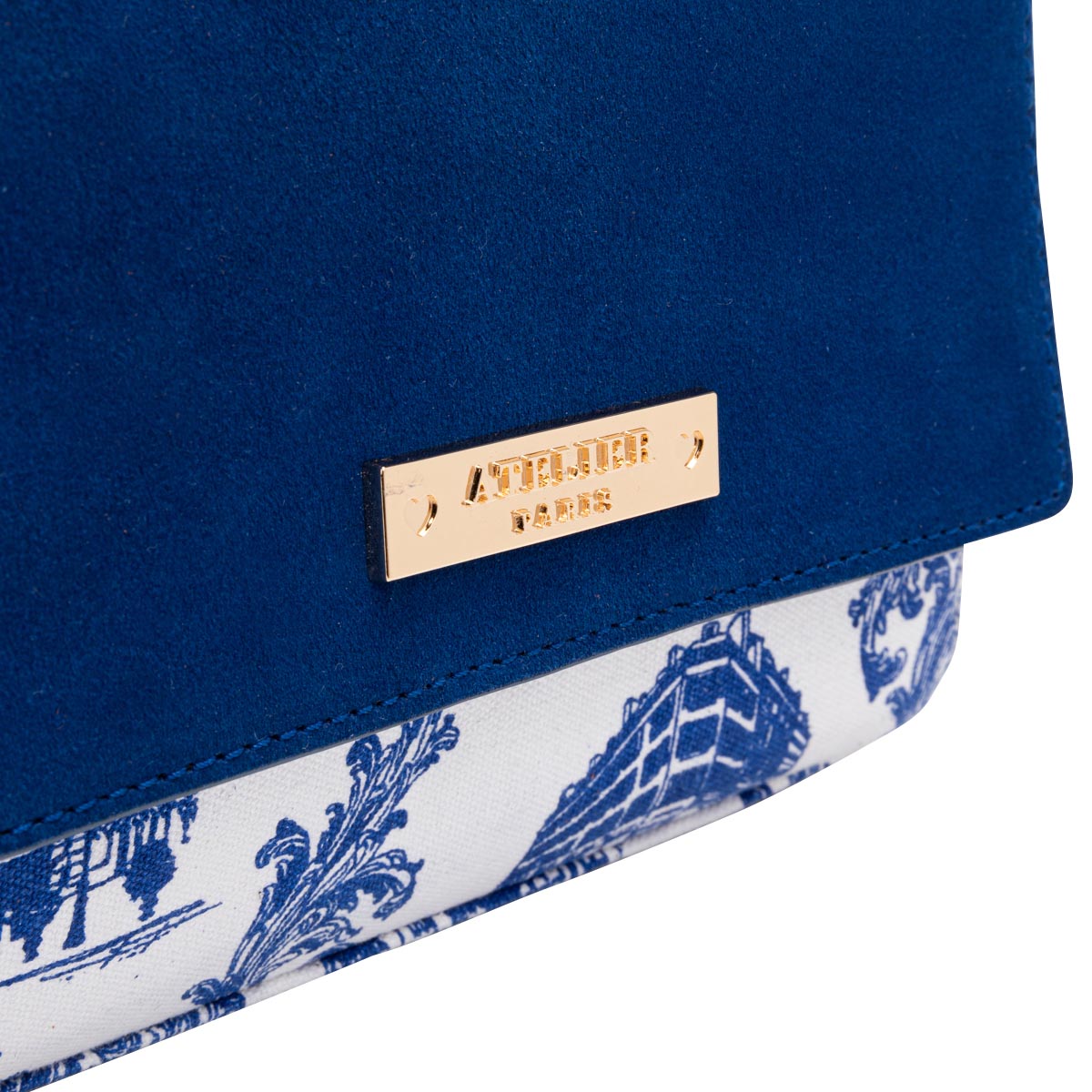Sac bandoulière bleu Falbala en cuir et toile imprimée