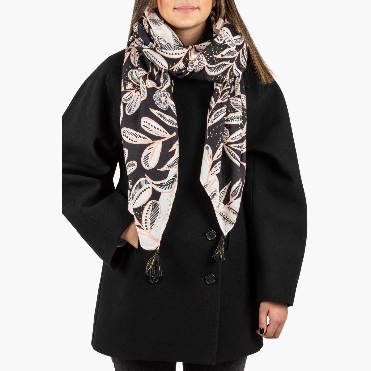 Foulard rectangulaire noir et rose Orville
