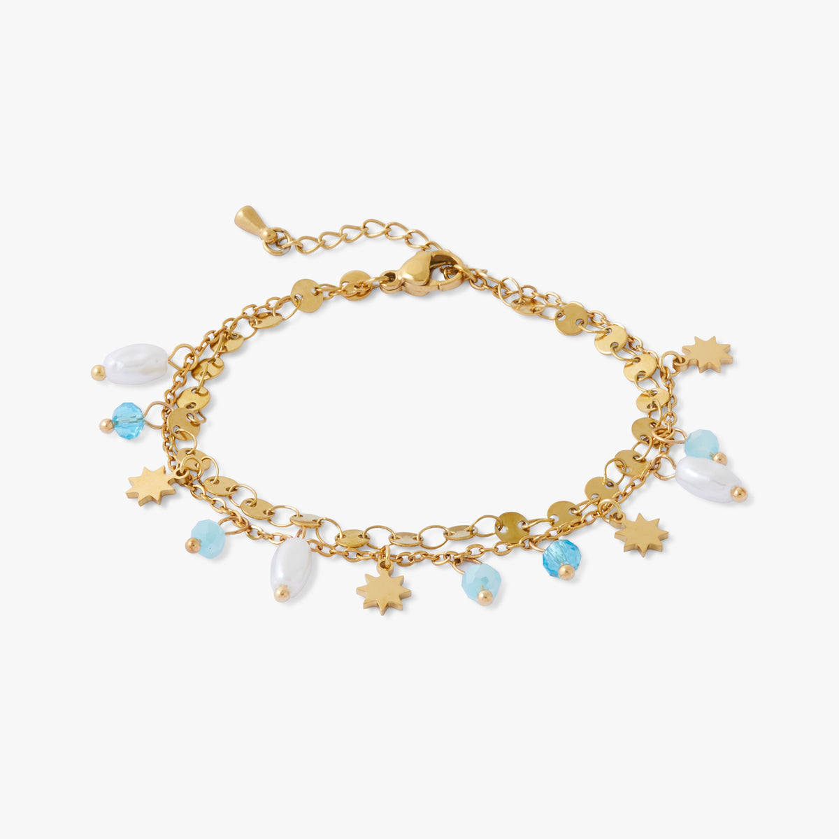 Bracelet 2 rangs perles facettées et soleils Acier