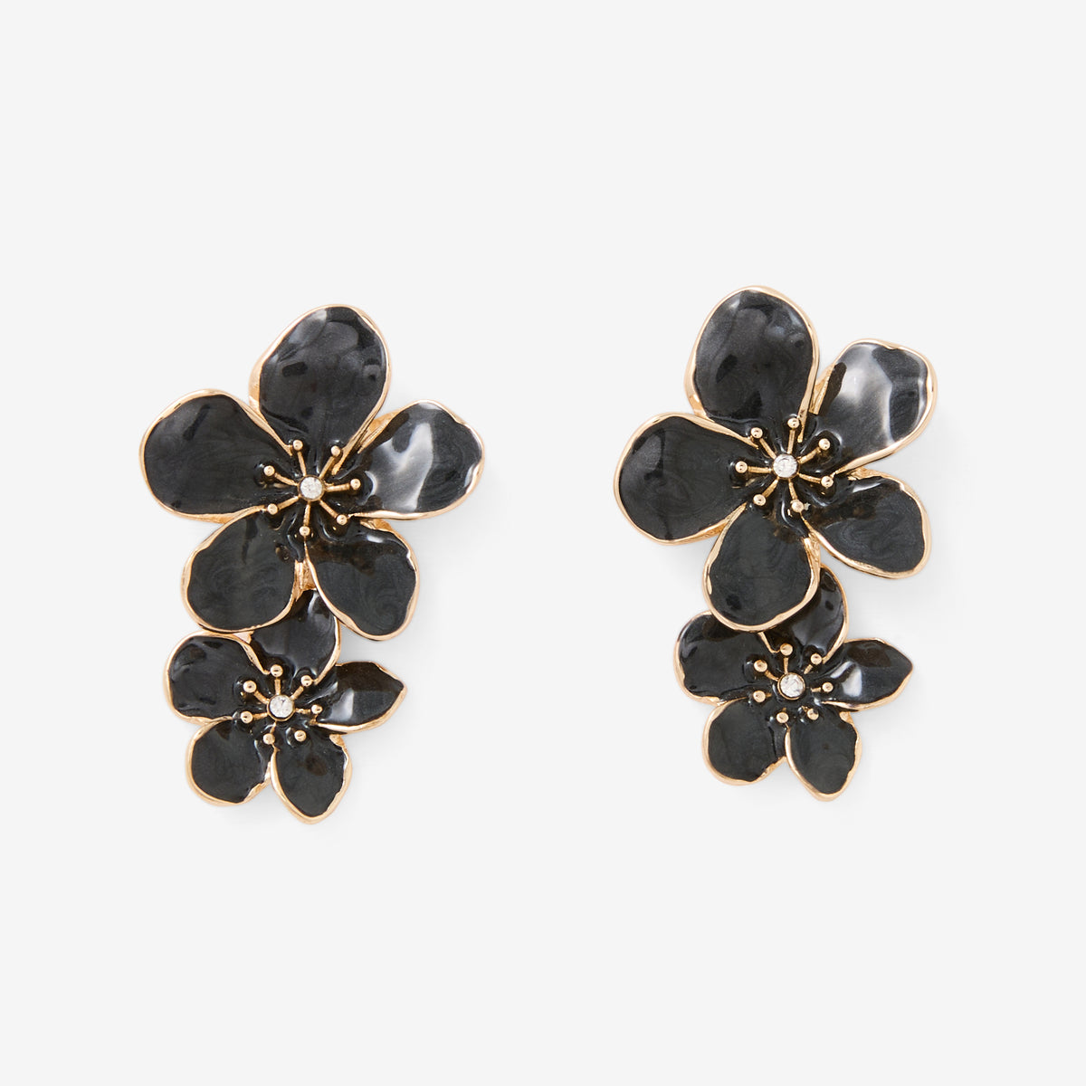 Boucles D'oreilles Pendantes Trio De Fleurs Noires Et Dorées - Neuf Avec étiquettes