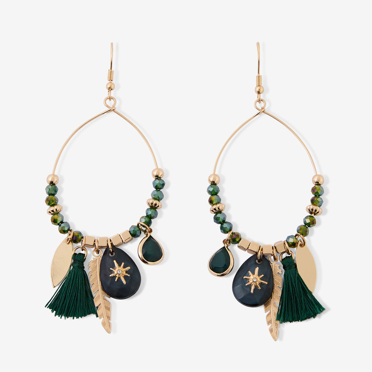 Boucles d'oreilles goutte perles facettées et breloques Best vert paon
