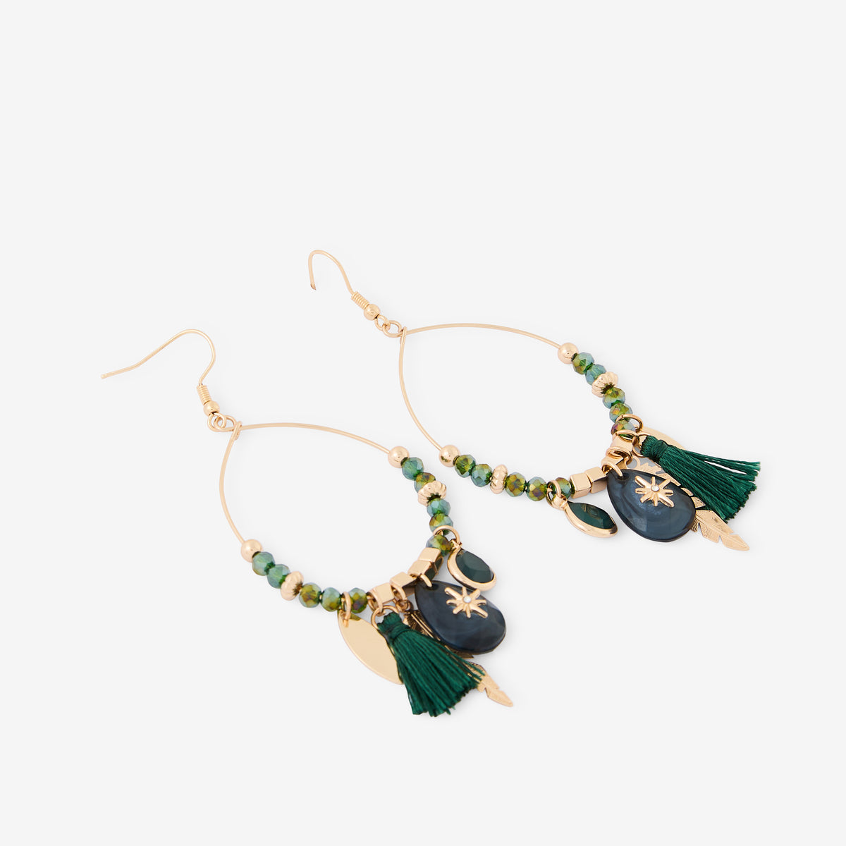 Boucles d'oreilles goutte perles facettées et breloques Best vert paon