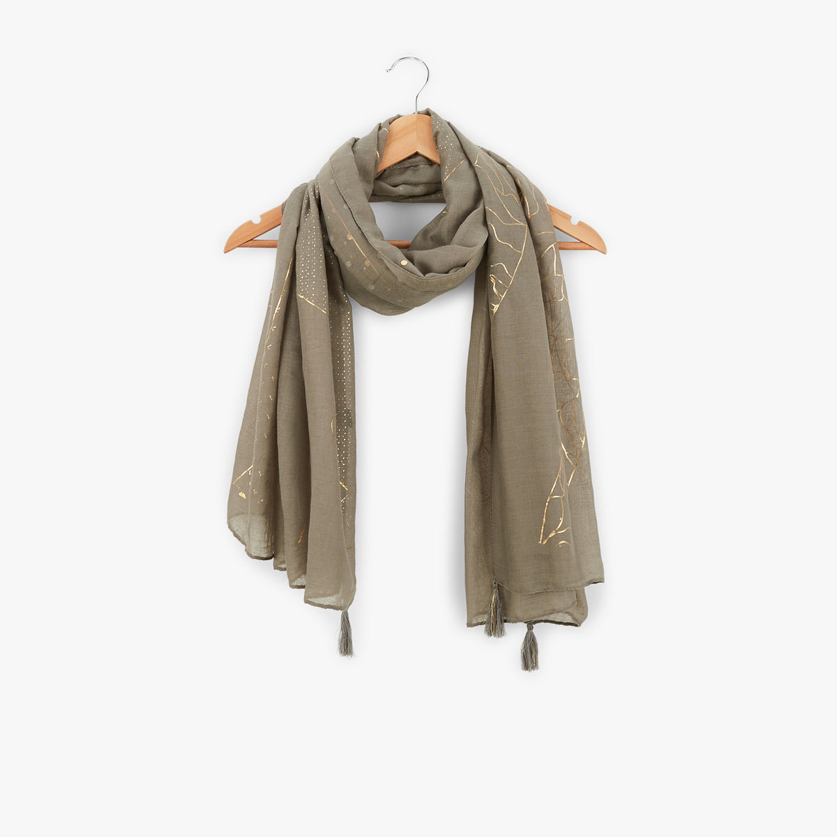 Foulard rectangulaire kaki avec chats dorés Oizon