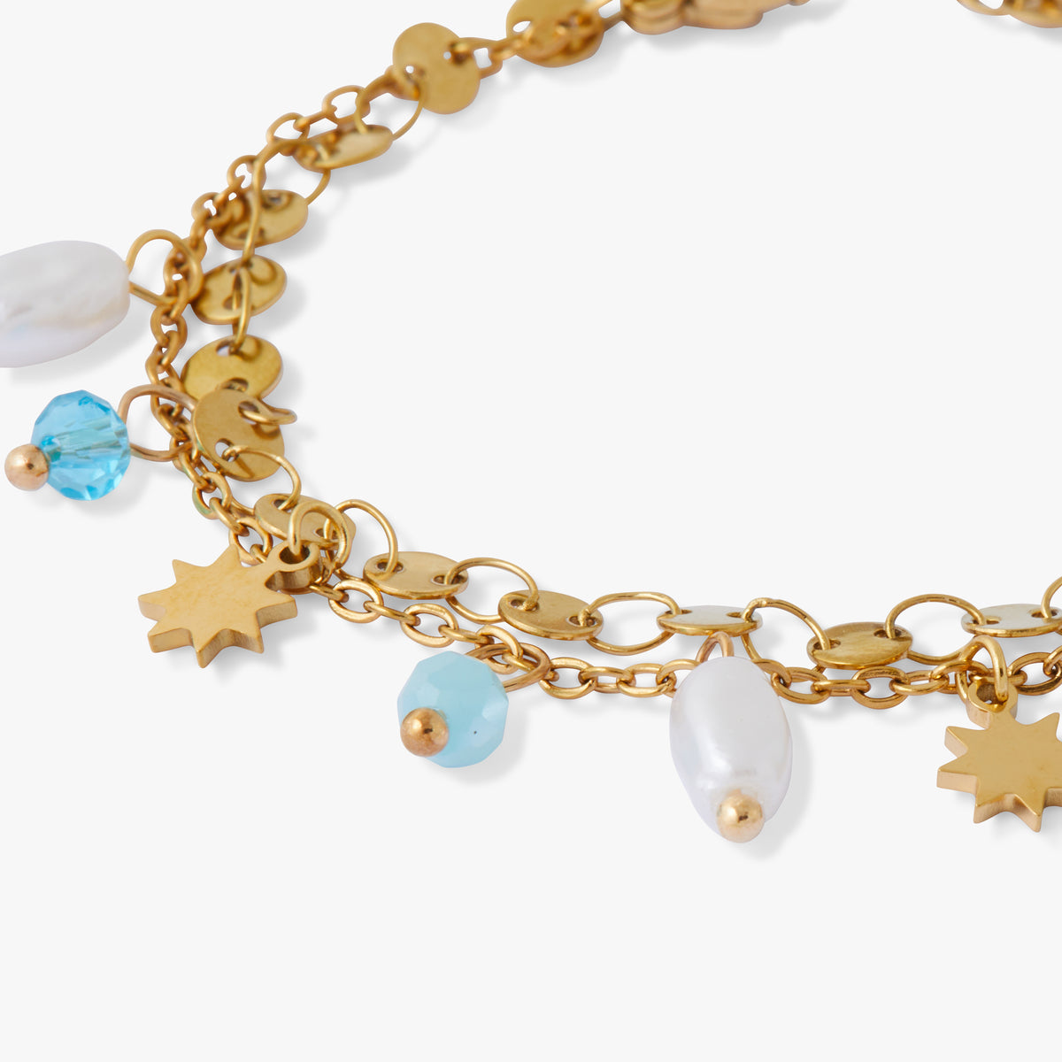 Bracelet 2 rangs perles facettées et soleils Acier