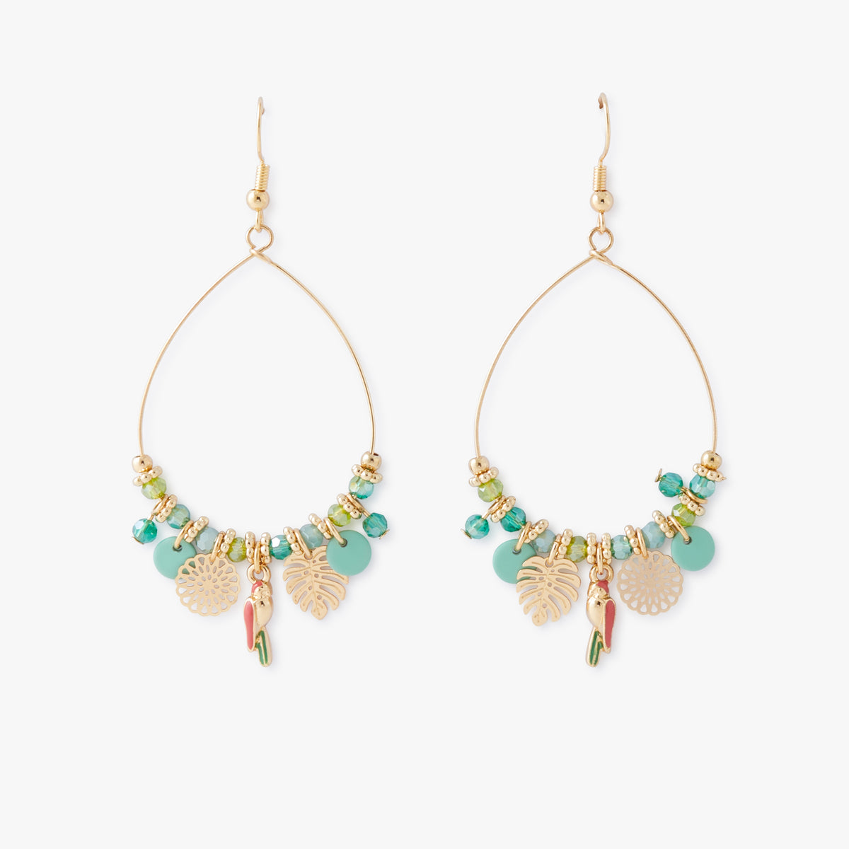 Boucles d'oreilles ornées de perles, feuille de monstera et perroquet Tropical Feel