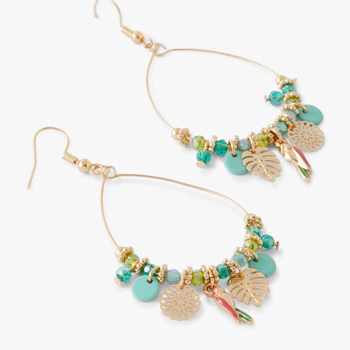 Boucles d'oreilles ornées de perles, feuille de monstera et perroquet Tropical Feel