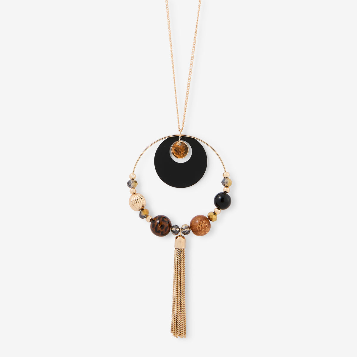 Sautoir disque imprimé et pompon Léopard félin